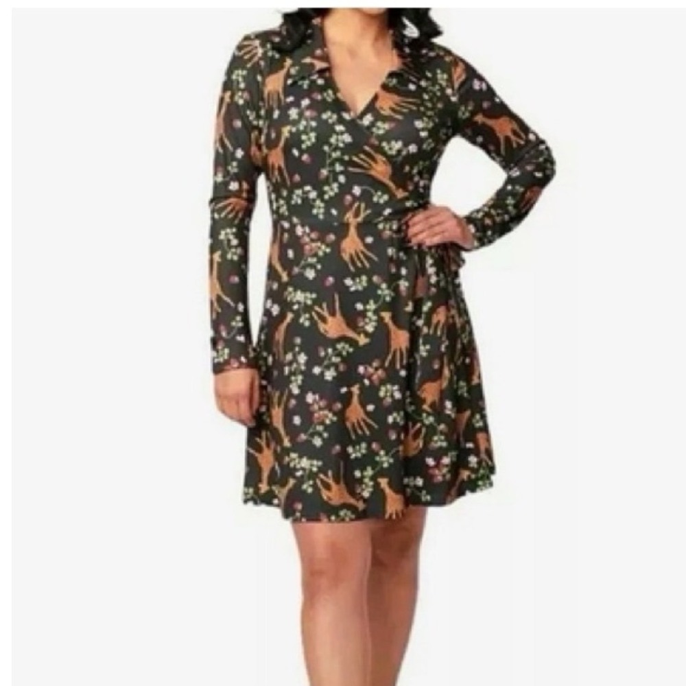 Unique Vintage Giraffe Wrap Dress Long Sleeve 1970 Green Whimsical Size 2X